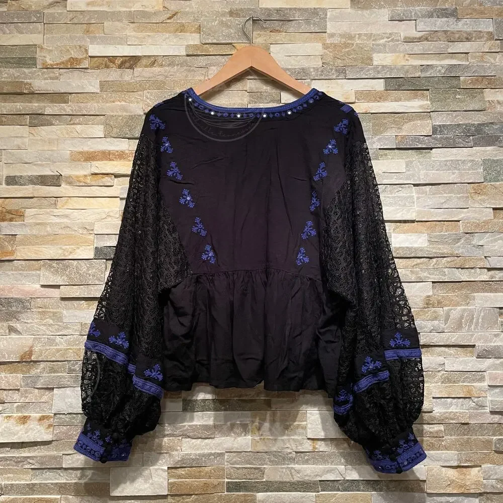 Free People M Boogie All Night Peasant Blouse | Black Lace, Blue Embroidery